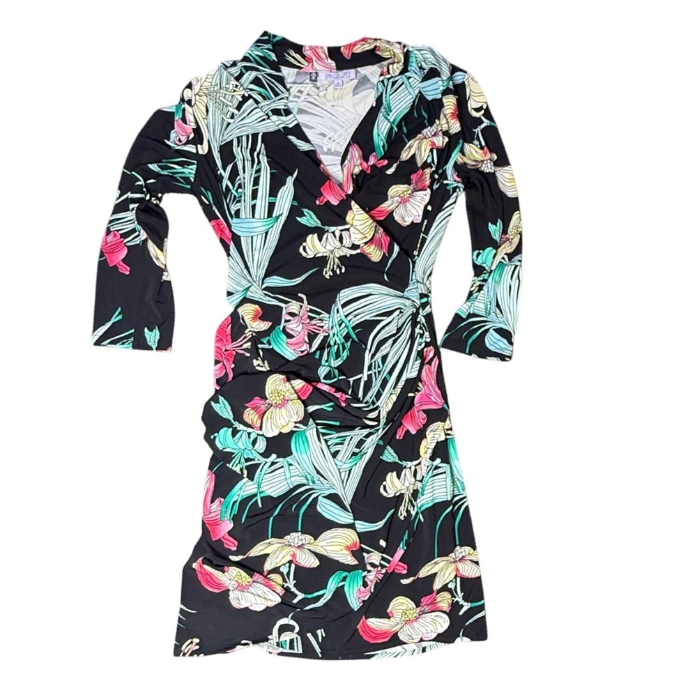 Jennifer Lopez Floral Print Dress Ruched Long‎ Sleeve Black Dress Size M